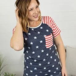 Michelle Mae SHORT SLEEVES Stars And Stripes Pocket Tee