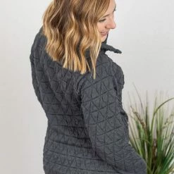 Michelle Mae Geometric Quilted Button Snap Pullover - Charcoal