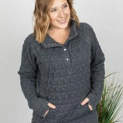 Michelle Mae Geometric Quilted Button Snap Pullover - Charcoal