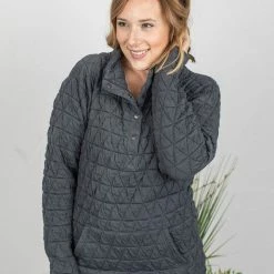 Michelle Mae Geometric Quilted Button Snap Pullover - Charcoal