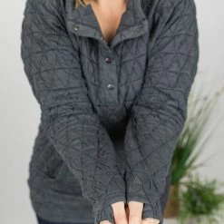 Michelle Mae Geometric Quilted Button Snap Pullover - Charcoal