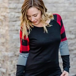 Michelle Mae LONG SLEEVES Stripes And Plaid Long Sleeve Top