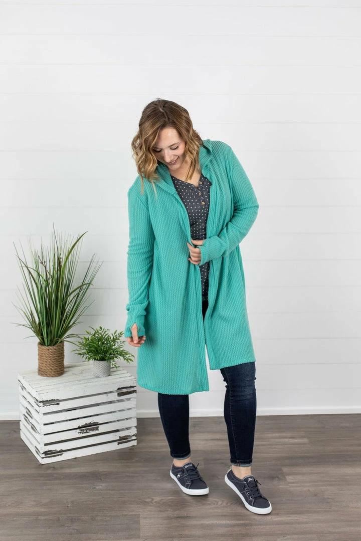 Outlet 🛒 Michelle Mae Claire Hooded Waffle Cardigan - Aqua Mint LONG SLEEVES 🌟 4 Michelle Mae Claire Hooded Waffle Cardigan - Aqua Mint LONG SLEEVES