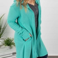 Michelle Mae Claire Hooded Waffle Cardigan - Aqua Mint LONG SLEEVES