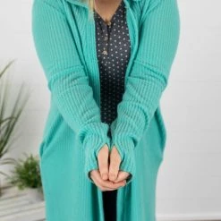 Michelle Mae Claire Hooded Waffle Cardigan - Aqua Mint LONG SLEEVES