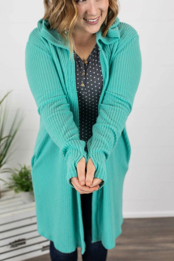 Outlet 🛒 Michelle Mae Claire Hooded Waffle Cardigan - Aqua Mint LONG SLEEVES 🌟 2 Michelle Mae Claire Hooded Waffle Cardigan - Aqua Mint LONG SLEEVES
