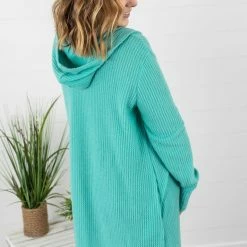 Outlet 🛒 Michelle Mae Claire Hooded Waffle Cardigan - Aqua Mint LONG SLEEVES 🌟 12 Michelle Mae Claire Hooded Waffle Cardigan - Aqua Mint LONG SLEEVES