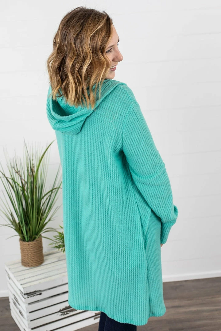 Outlet 🛒 Michelle Mae Claire Hooded Waffle Cardigan - Aqua Mint LONG SLEEVES 🌟 5 Michelle Mae Claire Hooded Waffle Cardigan - Aqua Mint LONG SLEEVES