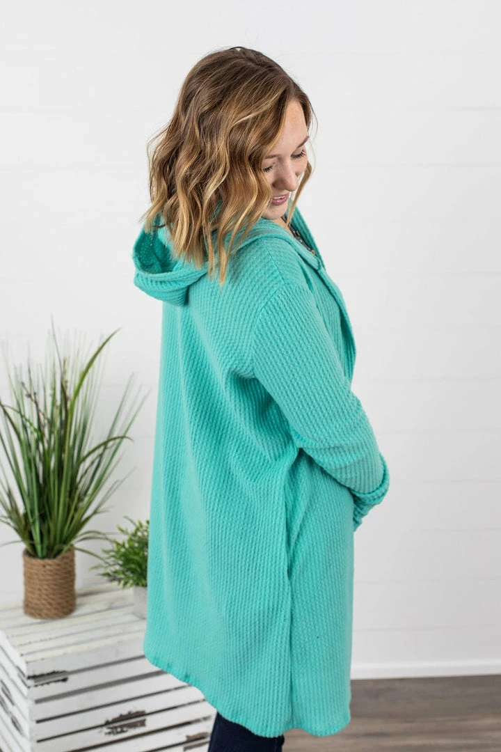 Outlet 🛒 Michelle Mae Claire Hooded Waffle Cardigan - Aqua Mint LONG SLEEVES 🌟 6 Michelle Mae Claire Hooded Waffle Cardigan - Aqua Mint LONG SLEEVES