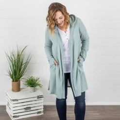 Michelle Mae Claire Hooded Waffle Cardigan - Sage LONG SLEEVES