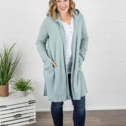 Michelle Mae Claire Hooded Waffle Cardigan - Sage LONG SLEEVES