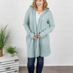 Michelle Mae Claire Hooded Waffle Cardigan - Sage LONG SLEEVES