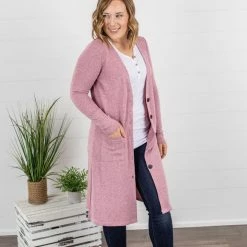 Michelle Mae LONG SLEEVES Colbie Cardigan - Heathered Pink