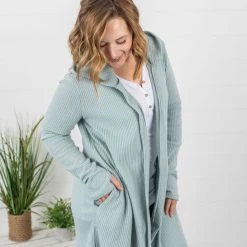 Michelle Mae Claire Hooded Waffle Cardigan - Sage LONG SLEEVES
