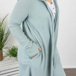 Michelle Mae Claire Hooded Waffle Cardigan - Sage LONG SLEEVES