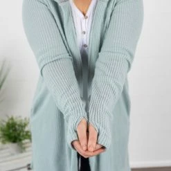 Michelle Mae Claire Hooded Waffle Cardigan - Sage LONG SLEEVES