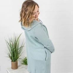 Michelle Mae Claire Hooded Waffle Cardigan - Sage LONG SLEEVES