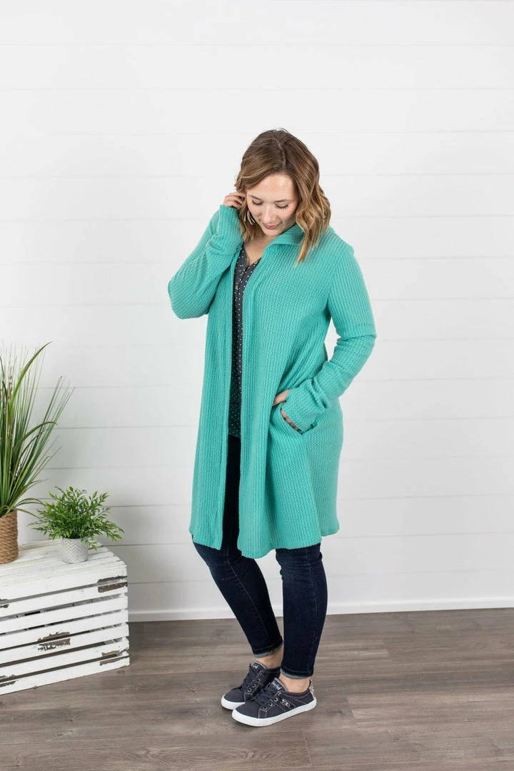 Outlet 🛒 Michelle Mae Claire Hooded Waffle Cardigan - Aqua Mint LONG SLEEVES 🌟 3 Michelle Mae Claire Hooded Waffle Cardigan - Aqua Mint LONG SLEEVES