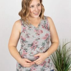 Michelle Mae SHORT SLEEVES Addison Henley Tank - Grey W/ Pink Floral