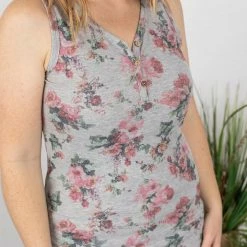 Michelle Mae SHORT SLEEVES Addison Henley Tank - Grey W/ Pink Floral