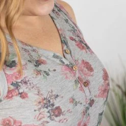 Michelle Mae SHORT SLEEVES Addison Henley Tank - Grey W/ Pink Floral