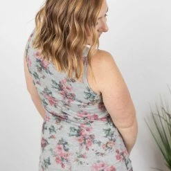 Michelle Mae SHORT SLEEVES Addison Henley Tank - Grey W/ Pink Floral