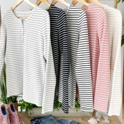 Michelle Mae LONG SLEEVES Harper Long Sleeve Henley - Rose With White Stripes