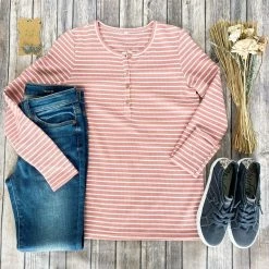 Michelle Mae LONG SLEEVES Harper Long Sleeve Henley - Rose With White Stripes