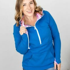 Michelle Mae LONG SLEEVES Classic HalfZip Hoodie - Bright Blue Rainbow Stripes