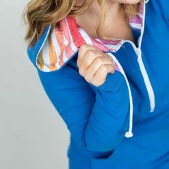 Michelle Mae LONG SLEEVES Classic HalfZip Hoodie - Bright Blue Rainbow Stripes