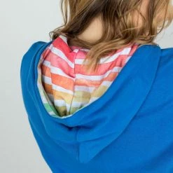 Michelle Mae LONG SLEEVES Classic HalfZip Hoodie - Bright Blue Rainbow Stripes