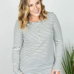 Michelle Mae Harper Long Sleeve Henley - White With Black Stripes LONG SLEEVES