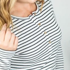 Michelle Mae Harper Long Sleeve Henley - White With Black Stripes LONG SLEEVES