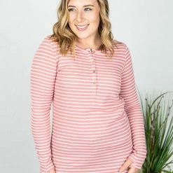 Michelle Mae LONG SLEEVES Harper Long Sleeve Henley - Rose With White Stripes