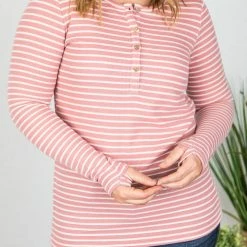 Michelle Mae LONG SLEEVES Harper Long Sleeve Henley - Rose With White Stripes