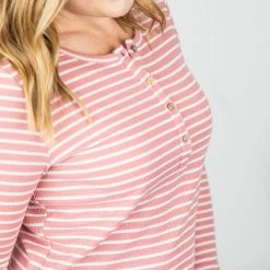 Michelle Mae LONG SLEEVES Harper Long Sleeve Henley - Rose With White Stripes