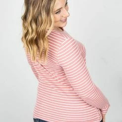 Michelle Mae LONG SLEEVES Harper Long Sleeve Henley - Rose With White Stripes