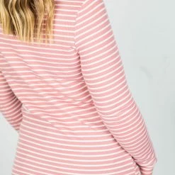 Michelle Mae LONG SLEEVES Harper Long Sleeve Henley - Rose With White Stripes