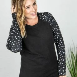 Michelle Mae Accent Sleeve Pullover - Black Star LONG SLEEVES