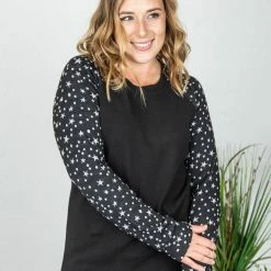 Michelle Mae Accent Sleeve Pullover - Black Star LONG SLEEVES