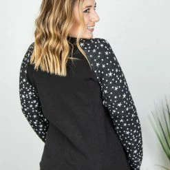 Michelle Mae Accent Sleeve Pullover - Black Star LONG SLEEVES