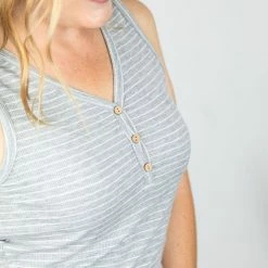 Michelle Mae Addison Henley Tank - Grey And White Stripes SHORT SLEEVES