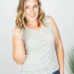 Michelle Mae Addison Henley Tank - Ivory And Black Stripes