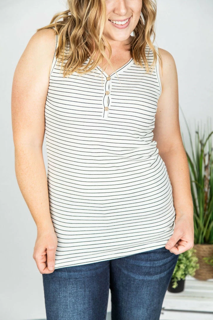 Cheapest ๐ฅ Michelle Mae Addison Henley Tank - Ivory And Black Stripes ๐ 3 Michelle Mae Addison Henley Tank - Ivory And Black Stripes