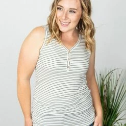 Cheapest ๐ฅ Michelle Mae Addison Henley Tank - Ivory And Black Stripes ๐ 8 Michelle Mae Addison Henley Tank - Ivory And Black Stripes