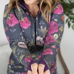 Michelle Mae Pretty In Purple Floral HalfZip Hoodie LONG SLEEVES