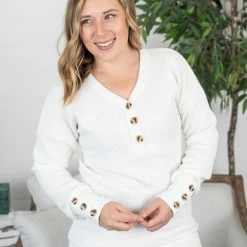 Michelle Mae Brittney Button Sweater - White LONG SLEEVES