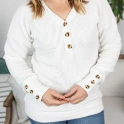 Michelle Mae Brittney Button Sweater - White LONG SLEEVES