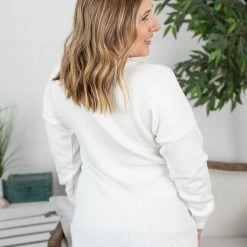 Michelle Mae Brittney Button Sweater - White LONG SLEEVES