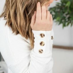 Michelle Mae Brittney Button Sweater - White LONG SLEEVES